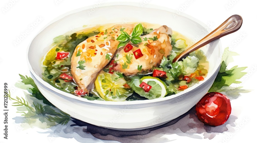 bowl of watercolor chicken soup with vegetables