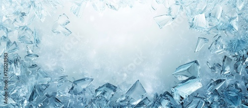 Winter-themed rectangular frame encapsulating frozen glass with a 3D-rendered backdrop of exploded blue ice. photo