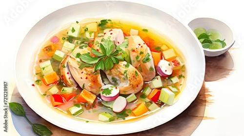 bowl of watercolor chicken soup with vegetables