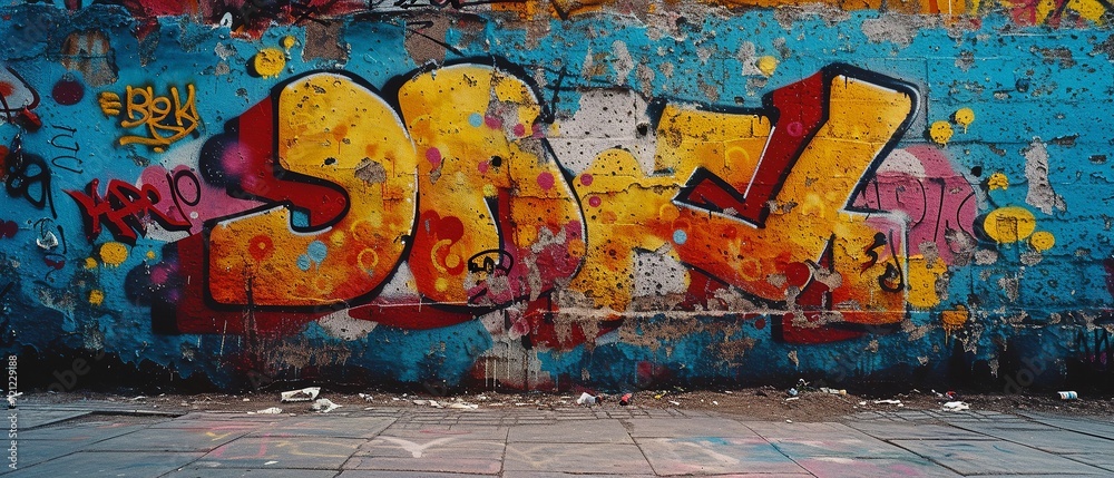 Fototapeta premium Colorful Graffiti Art on Urban Brick Wall banner background