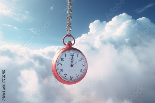 Time glitch concept with hypnotizing watch above clouds.