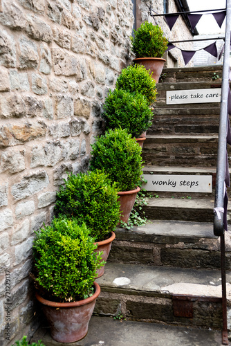 Wonky Stone Steps With Warning Signs And Plants At Stone Cottage In Hay-On-Wye In Wales, United Kingdom
