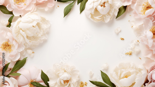 Aesthetic background frame with tender white and pink peonies. Copy space. Invitation or greeting concept. Generative AI © AngrySun