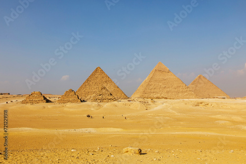 Egypt. Cairo - Giza. General view of pyramids from the Giza Plateau (on front side 3 pyramids popularly known as Queens' Pyramids; next: the Pyramid of Mykerinos, Chephren and Cheops)