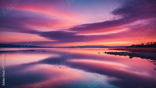 Twilight sky with hues of coral and violet, serene lake reflections, 4K tranquil scene © Kasper