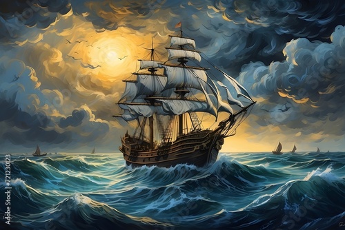 pirate ship in the sea, medieval ship Allure of White Ship Sailing, export and import business in the open sea