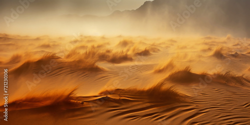 Sandstorm in desert. wind and orange sand clouds. Dunes landscape. Generative AI