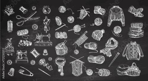 Vintage set of hand drawn sewing and knitting icons on chalkboard background. Vector illustrations in sketch style. Handmade, sew and knit equipment concept in vintage doodle style. Engraving style.