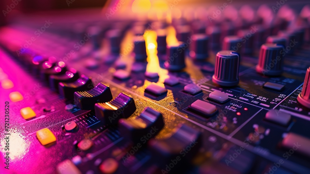 colorful music audio mixing board in closeup of a recording, audio track background in a dark recording,  industrial machinery aesthetics, multimedia, selective focus, brightly colored - obrazy, fototapety, plakaty 