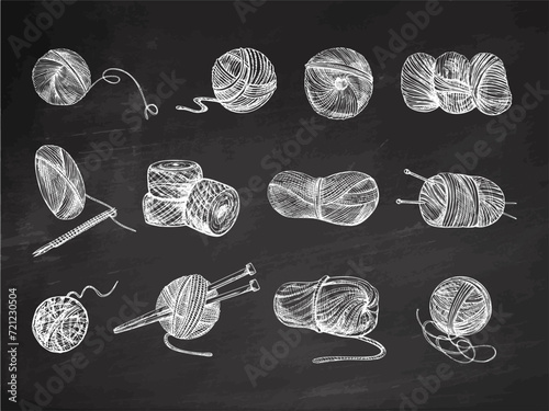Hand drawn sketch of ball of threads, wool, knitting needles on chalkboard background. Handmade, knitting equipment concept in vintage doodle style. Engraving style. photo