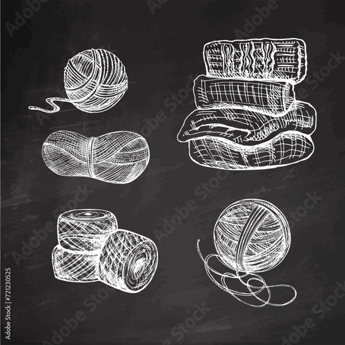 Hand-drawn sketch of balls of yarn, wool, knitted goods on chalkboard background. Knitwear, handmade, knitting equipment concept in vintage doodle style. Engraving style. photo