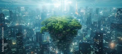 Forest tree growth on the top of city buildings. Generative AI technology.	
