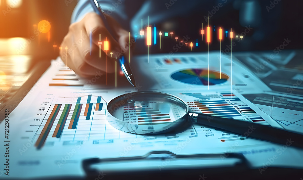 Analyzing business data with graphs and charts for finance management and investment research. A magnifying glass hovers over financial diagrams, symbolizing monitoring and analysis. - obrazy, fototapety, plakaty 