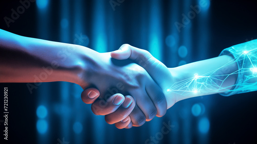 closed shot of two people shaking hands in a greeting or an agreement or a pact, in a digital environment. photo