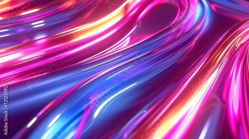 Neon lighting lines and waves in purple and blue background. Colorful glowing energy flow swirls background. Generative AI.