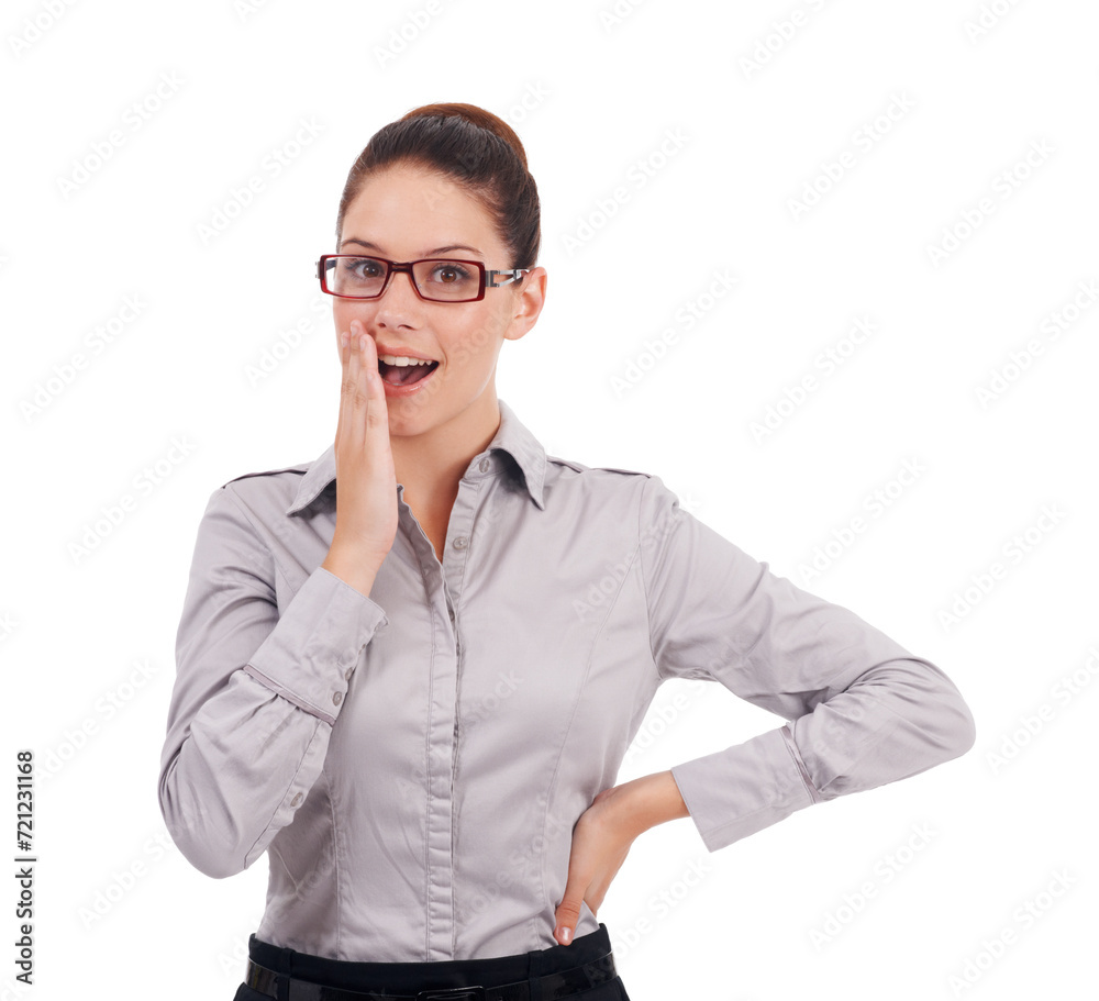 Business woman, portrait and shocked in studio for information, gossip or news on a white background. Professional worker or model with surprise, secret and whisper for confidential intel and wow Business woman, portrait and shocked in studio for information, gossip or news on a white background. Professional worker or model with surprise, secret and whisper for confidential intel and wow