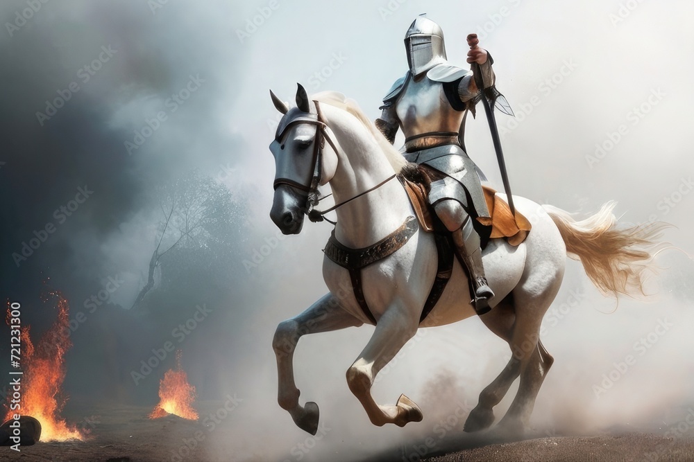 White Arabian horse warrior on a horse in a desert with sword.