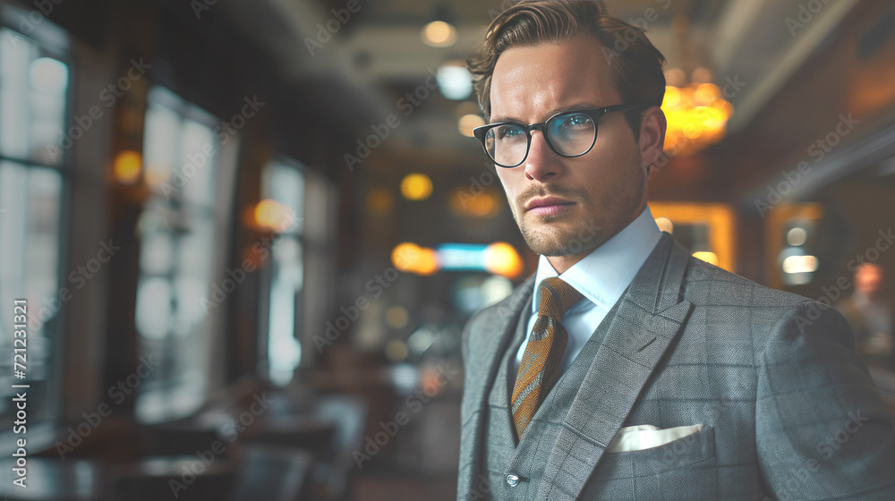 Businessman in a suit standing looking at a luxury room in the background. Businessman in a suit standing looking at a luxury room in the background.