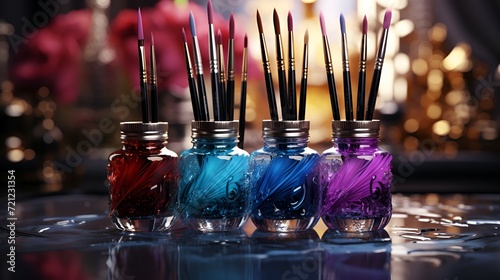 painting brushes in a glass with colors 