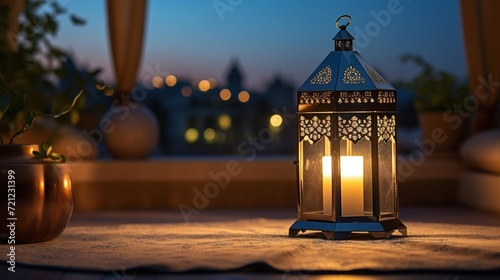 an elegant lantern bathes the surroundings in a warm ramadan night