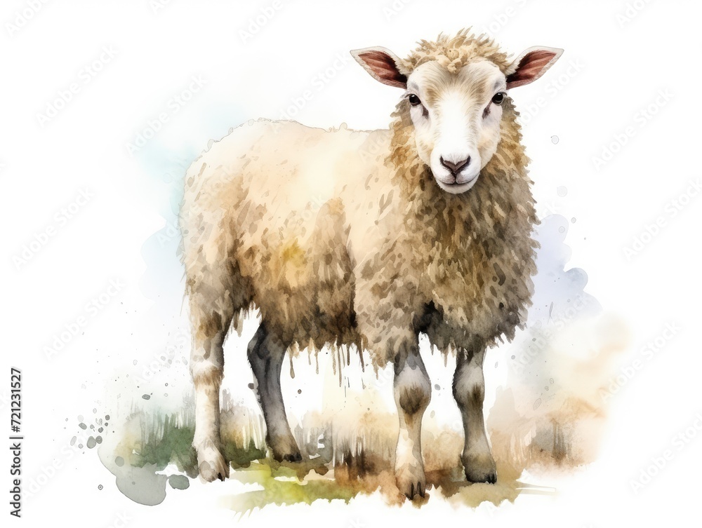 Fototapeta premium Watercolor Sheep Isolated, Aquarelle Lamb, Creative Watercolor White Sheep on White, Ram Drawing