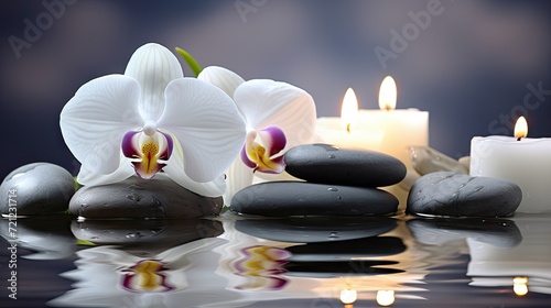 Orchids in Water, Round Stones for SPA Salon, Relaxation, Orchid Flowers and Pebbles