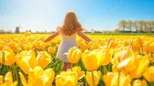Cute girl in dress walking in the field of yellow tulips windmill in the background. Blue sky sunlight summer day #721231930