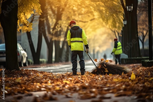 Street Cleaners Sweeping Fallen Leaves Outdoors on Autumn Day, Generative AI Illustration photo
