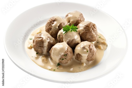 Swedish Meatballs in Bechamel Sauce, Traditional Sweden Meat Balls, Served Roasted Meat Ball Lunch