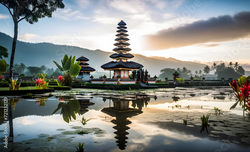 Pura temple on the lake at sunrise and reflection in water  Nyepi at Bali  Indonesia
