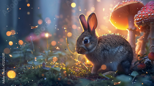 A Curious Rabbit in a Fantasy Garden with Giant Mushrooms and Sparkling Fireflies at Twilight, Representing Wonder and Exploration