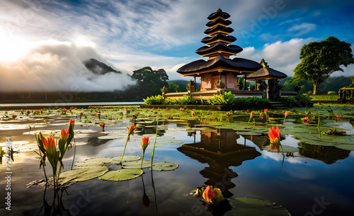 Pura temple on the lake at sunrise and reflection in water  Nyepi at Bali  Indonesia