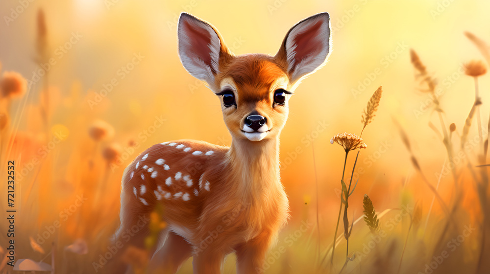 Young bambi deer, roe deer, beautiful, light brown with white spots, huge eyes