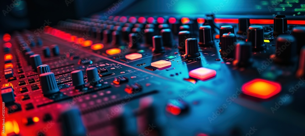 colorful music audio mixing board in closeup of a recording, audio track background in a dark recording,  industrial machinery aesthetics, multimedia, selective focus, brightly colored - obrazy, fototapety, plakaty 