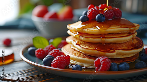 Easter pancakes with maple syrup and fresh berries, served in the style of gourmet