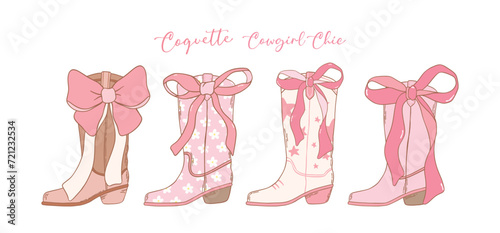 Coquette Pink Cowgirl Boots with Ribbon Bow Hand Drawn collection