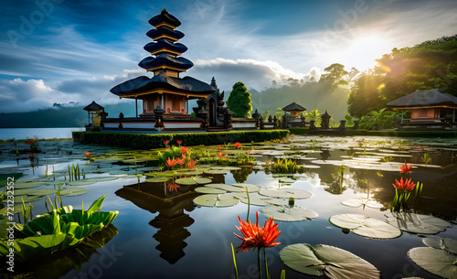 Pura temple on the lake at sunrise and reflection in water  Nyepi at Bali  Indonesia