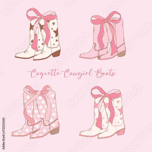 Coquette Pink Cowgirl Boots with Ribbon Bow Hand Drawn collection