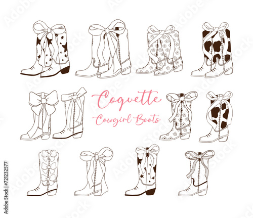 Coquette Pink Cowgirl Boots with Ribbon Bow Hand Drawn Outline collection