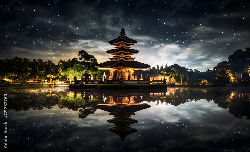 Obraz premium Pura temple at night with starry sky and reflection in water, Nyepi at Bali, Indonesia