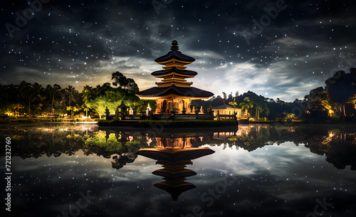 Pura temple at night with starry sky and reflection in water, Nyepi at Bali, Indonesia photo