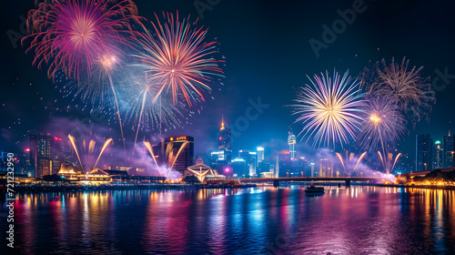 Lunar New Year Fireworks Display Over City Skyline