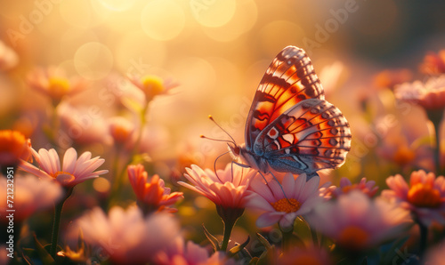 Summer's Delicate Dance: A Lady Butterfly Amidst a Field of Blooming Daisies at Golden Hour, Embodying the Essence of Spring and Summer Beauty