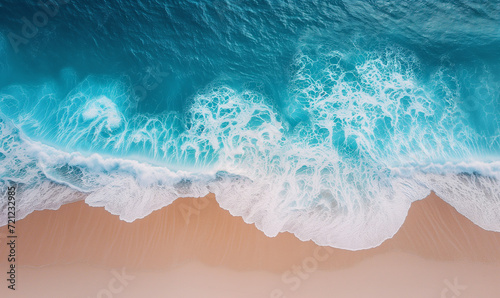 Ocean's Embrace: Aerial Perspective of the Shimmering Shoreline Where Waves Meet Sand in a Mesmerizing Dance, Top view with the drone
