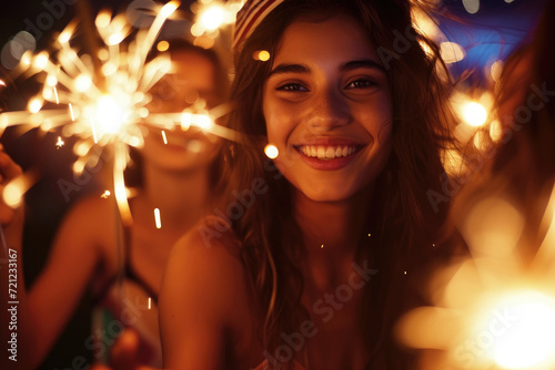 friends having fun with sparklers at the party at night