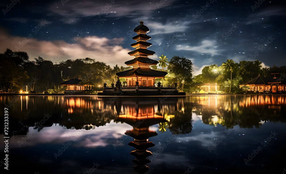 Obraz premium Pura temple at night with starry sky and reflection in water, Nyepi at Bali, Indonesia