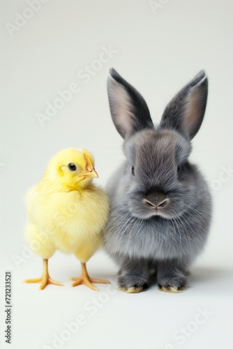 Wallpaper Mural A gray smoky rabbit sits next to a bright yellow chicken on a white background. The object is cut out from the background. Easter holiday concept Torontodigital.ca