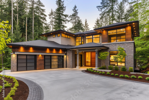 luxury home exterior features front driveway and garage