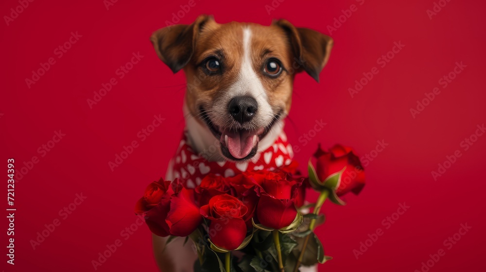 Lovely puppy in heart pattern scarf with roses. Lovely puppy in heart pattern scarf with roses.