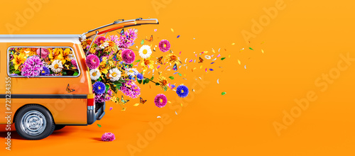 Orange van full of colorful spring flowers on orange background with copy space. 3D Rendering, 3D Illustration photo